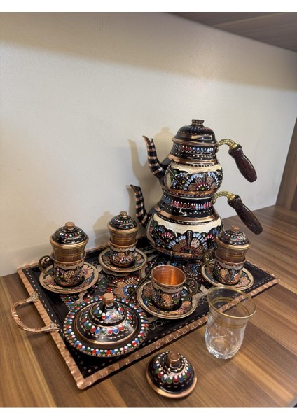 4'lü Bakır Çay Seti, Tepsili, Çaydanlık ve Lokumluk ile Şık Tasarım fiyatları