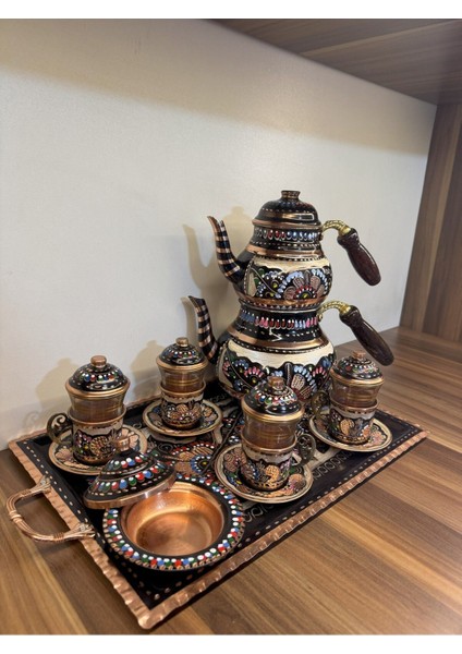 4'lü Bakır Çay Seti, Tepsili, Çaydanlık ve Lokumluk ile Şık Tasarım modelleri