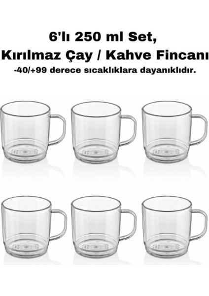 6'lı 250 ml Kırılmaz Polikarbon Fincan Seti, Çay ve Kahve Için Ideal