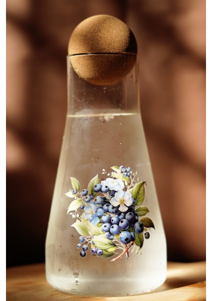 Caga Pinterest Cam Sürahi | Yabanmersini Desenli Borosilikat Ahşap Top Kapaklı 900 ml Sürahi Karaf