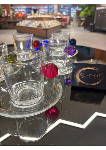 Renkli Kristal 12 Parça 6 Kişilik Çay ve Kahve Fincanı Takımı