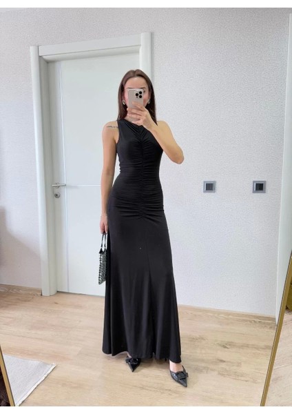 Bürümcük Kumaşlı Içi Astarlı Üzgülü Kolsuz Büzgülü Uzun Elbise - Siyah fiyatları