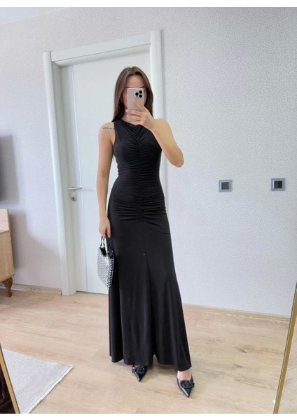 Bürümcük Kumaşlı Içi Astarlı Üzgülü Kolsuz Büzgülü Uzun Elbise - Siyah indirimleri