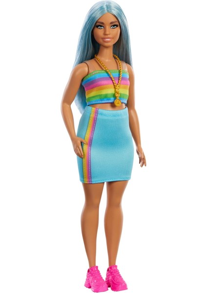Fashionistas Oyuncak Bebek No. 218, Uzun, Mavi Saçlı, Gökkuşağı Üst ve Turkuaz Etek, Moda Bebek 65. Yıl Dönümü Vesilesiyle Koleksiyon Için, HRH16