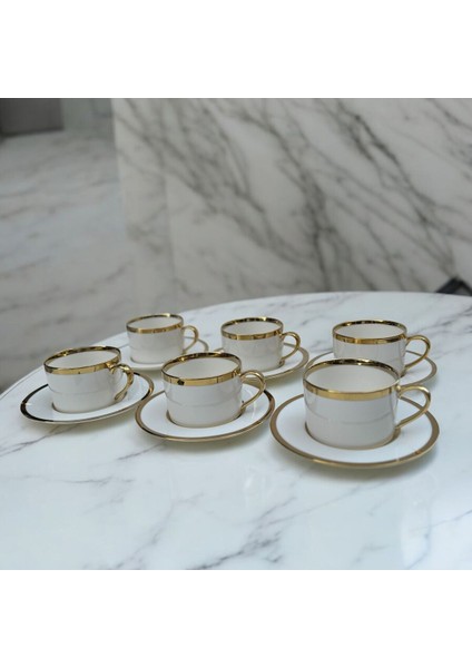 Altın Detaylı 6 Kişilik Şık Porselen Çay Fincan Takımı, Beyaz Renk indirimleri