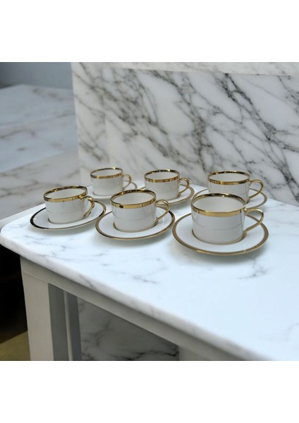 Altın Detaylı 6 Kişilik Şık Porselen Çay Fincan Takımı, Beyaz Renk