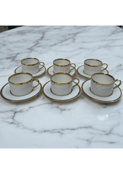 Altın Detaylı 6 Kişilik Şık Porselen Çay Fincan Takımı, Beyaz Renk