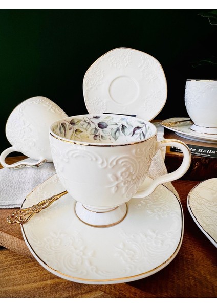 6 Kişilik Çiçek Kabartmalı Porselen Çay Fincanı, Şık ve Zarif Tasarım