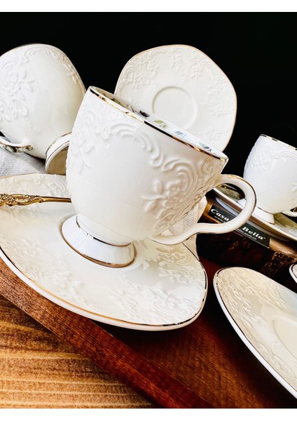 6 Kişilik Çiçek Kabartmalı Porselen Çay Fincanı, Şık ve Zarif Tasarım indirimleri