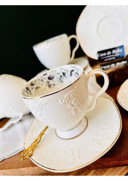 6 Kişilik Çiçek Kabartmalı Porselen Çay Fincanı, Şık ve Zarif Tasarım