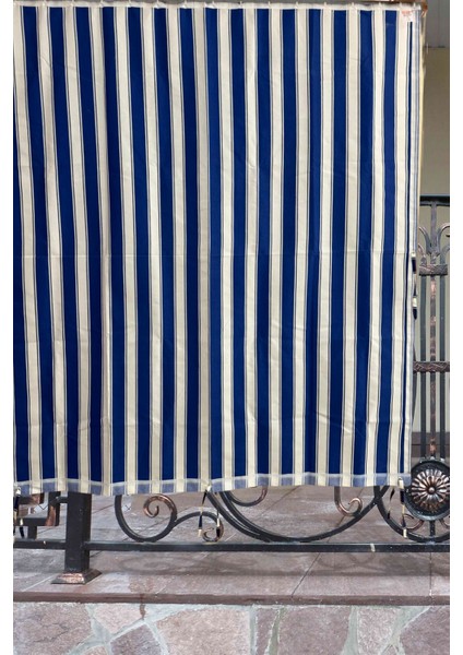 Mavi Beyaz Balkon Perdesi, Çardak Perdesi, Korniş Düğmeli ve Kuş Gözü Delikli Balkon Perdesi