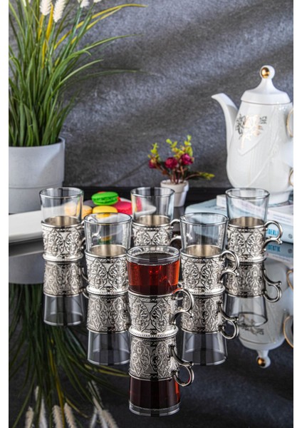 Yaldızlı 6 Kişilik Büyük Çay Seti, Şık ve Zarif Tasarım, Parlak Gümüş Görünüm