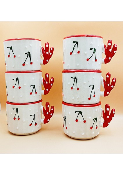 6 Adet Kiraz Desenli Seramik Fincan, 150 Ml, Çay, Kahve, Espresso, Neskafe Için