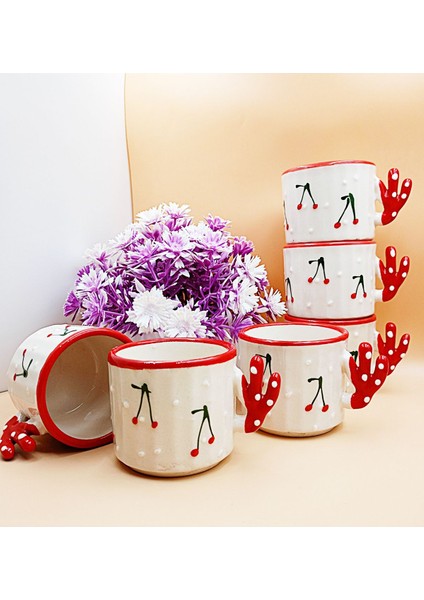 6 Adet Kiraz Desenli Seramik Fincan, 150 Ml, Çay, Kahve, Espresso, Neskafe Için fırsatları