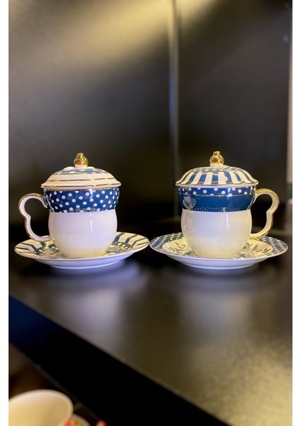 Mavi Kapaklı 2 Kişilik Çay ve Nescafe Fincan Seti