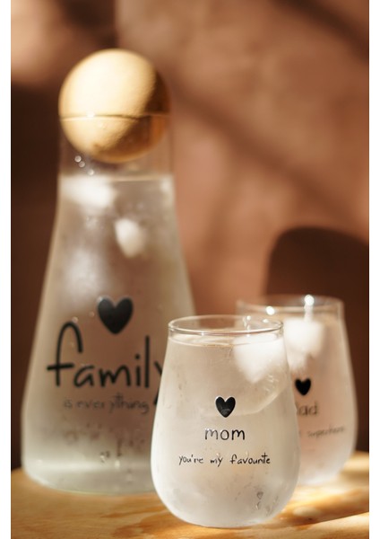 Caga Pinterest Family Mom Dad Desenli 2 Parça Bardak ve Borosilikat Cam Sürahi (900 Ml) Takım Seti