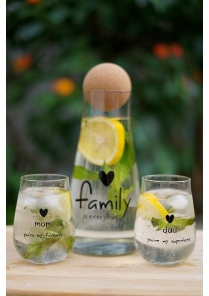 Caga Pinterest Family Mom Dad Desenli 2 Parça Bardak ve Borosilikat Cam Sürahi (900 Ml) Takım Seti modelleri