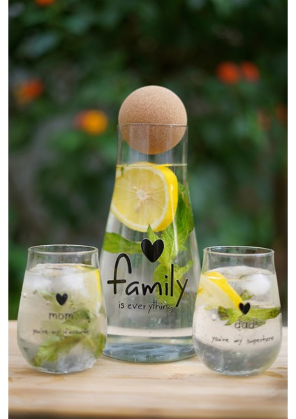 Caga Pinterest Family Mom Dad Desenli 2 Parça Bardak ve Borosilikat Cam Sürahi (900 Ml) Takım Seti fırsatları