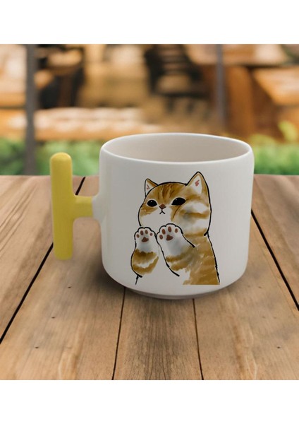 El Yapımı Kedi Figürlü Sarı Kulp Kupa 200 Ml, Sıcak ve Soğuk Içecekler Için Mükemmel