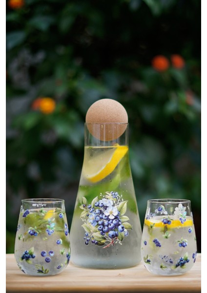 Caga Pinterest Yabanmersini Desenli 2 Parça Bardak ve Borosilikat Cam Sürahi (900 Ml) Takım Seti