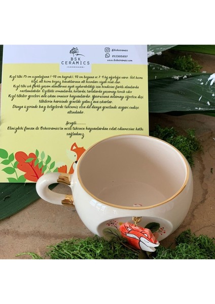 El Yapımı Nature Serisi Kızıl Tilki Seramik Çay Fincanı Beyaz