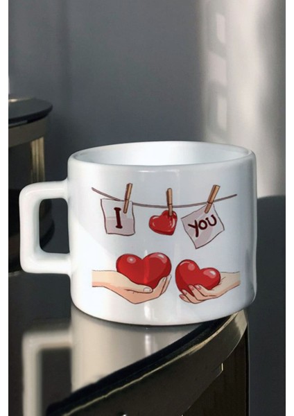 Sevgililer Günü Için Sevgi Dolu I Love You Baskılı Çay Fincanı, Beyaz