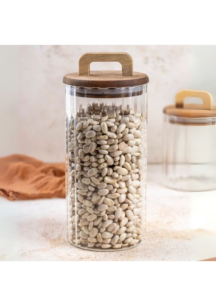 1250 ml Cam Saklama Kabı – Akasya Kapaklı Kulplu, Çizgili Tasarım, Sızdırmaz Silikonlu fırsatları