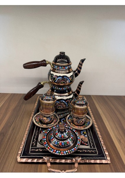 Renkli Çay Seti 2'li, Çaydanlık, Bakır Işleme, Dikdörtgen Tepsi ve Lokumluklu