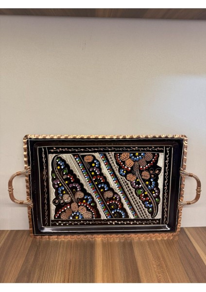 Renkli Çay Seti 2'li, Çaydanlık, Bakır Işleme, Dikdörtgen Tepsi ve Lokumluklu fiyatları