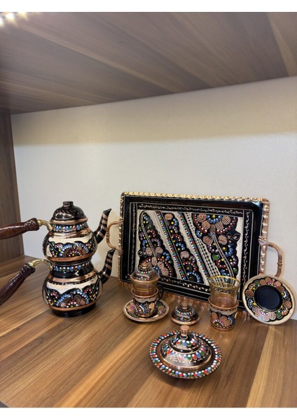 Renkli Çay Seti 2'li, Çaydanlık, Bakır Işleme, Dikdörtgen Tepsi ve Lokumluklu modelleri