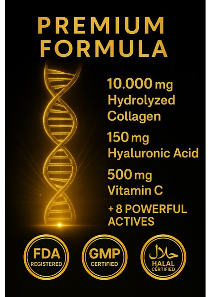 Kolajen 10.000 mg Tip 1-3 %100 Saf Patentli Hidrolize Sığır Kolajeni, 150mg Hyaluronik Asit, 500 mg Vitamin C, 200 mg Glutatyon, 25mg Resveratrol, 100 mg Elastin, Collagen Diyet Takviyesi indirimleri