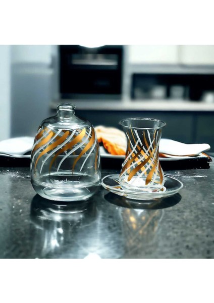 Gri Renkli Boyalı Yaldızlı Çay Takımı ve Şekerlik Seti