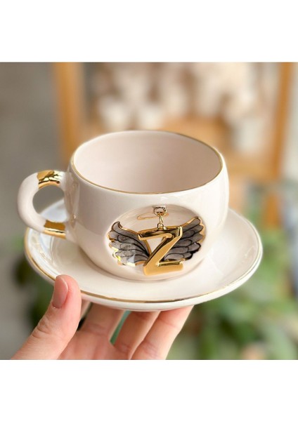 El Yapımı Siyah Melek Harfli Seramik Çay Fincanı, Z Harfi Detaylı. fiyatları