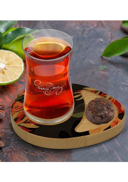 Yaprak Desenli Doğal Ahşap Çay Bardağı Sunum Seti, 11 Kişilik, Renkli Doğal Tasarım