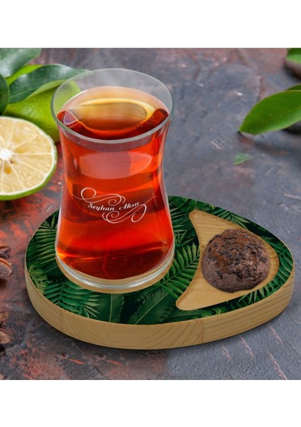 Yaprak Desenli Doğal Ahşap Çay Bardağı Sunum Seti 9 Kişilik