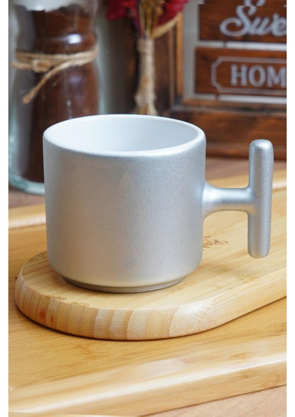 Şık Gümüş Renkli T-Kulplu Çay ve Nescafe Fincanı Seti