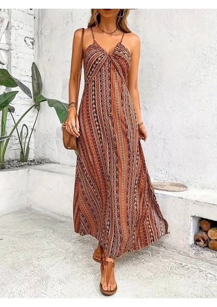 Kadın Ip Askılı Sırttan Çapraz Detaylı Yırtmaçlı Desenli Süprem Elbise indirimleri