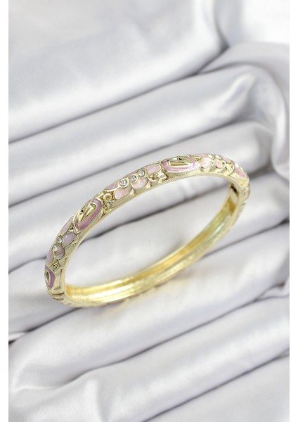 Erb Mineli Pirinç Zirkon Taşlı Fuşya Çiçek Motifli Gold Renk Kadın Kelepçe