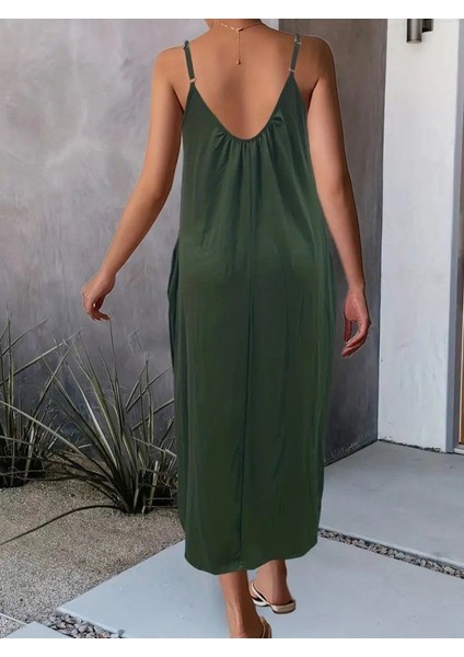 Kadın Ip Askılı Geniş V Yakalı Cepli Viskon Elbise fiyatları