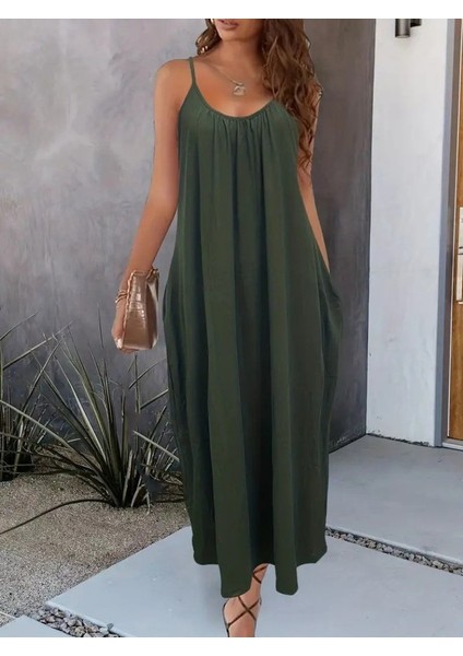 Kadın Ip Askılı Geniş V Yakalı Cepli Viskon Elbise modelleri