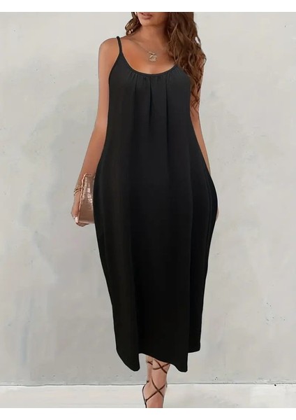 Kadın Ip Askılı Geniş V Yakalı Cepli Viskon Elbise modelleri