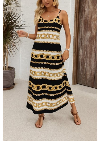 Kadın Ip Askılı Geniş V Yakalı Desenli Süprem Elbise