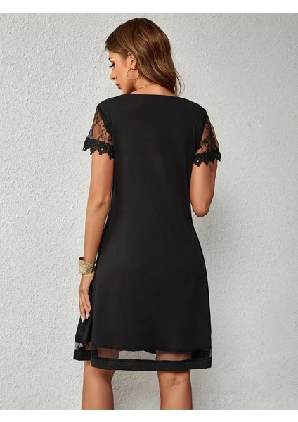 Kadın Kısa Kollu Lazer V Yakalı Etek Ucu Tül Detaylı Janjan Krep Elbise indirimleri