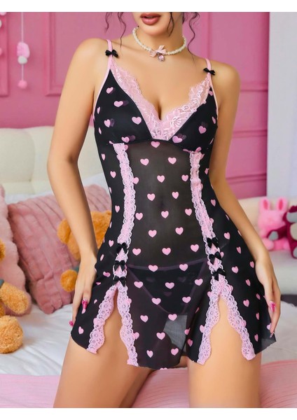 Aria's Closet Siyah Kalp Desenli Dantel Işlemeli Gecelik