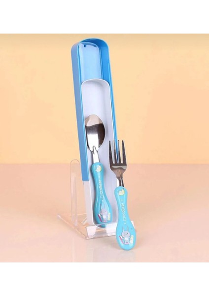 Çocuklar Için Silikon Saplı Figürlü Metal Uçlu Kaşık ve Çatal Seti, Mavi