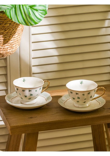 Yeşil Yonca Desenli 2 Kişilik Porselen Çay Fincan Takımı 220 ml