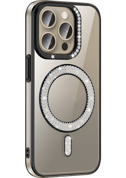 Apple iPhone 15 Pro Max Uyumlu Kılıf Pırlanta Taş Tasarımlı M-Safe Şarj Özellikli Zore Karetta Silikon Kapak