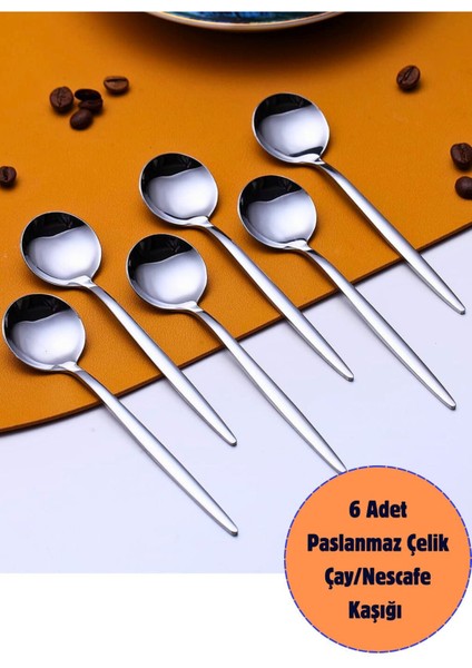 6'lı Paslanmaz Çelik Yuvarlak Çay ve Nescafe Kaşığı, 13.5 Cm, Şık ve Dayanıklı Set