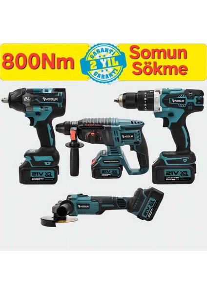 4’lü Şarjlı Matkap ve Taşlama Seti, 13MM, 800NM, Kesme ve Sökme Uygunluğu