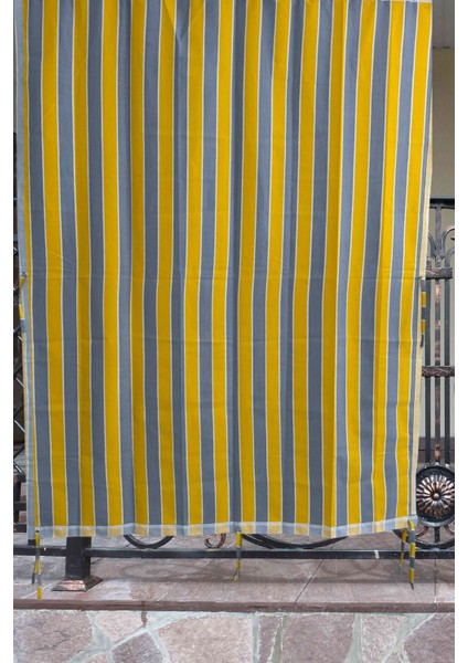 Sarı Gri Balkon Perdesi, Çardak Perdesi, Korniş Düğmeli ve Kuş Gözü Delikli Balkon Perdesi